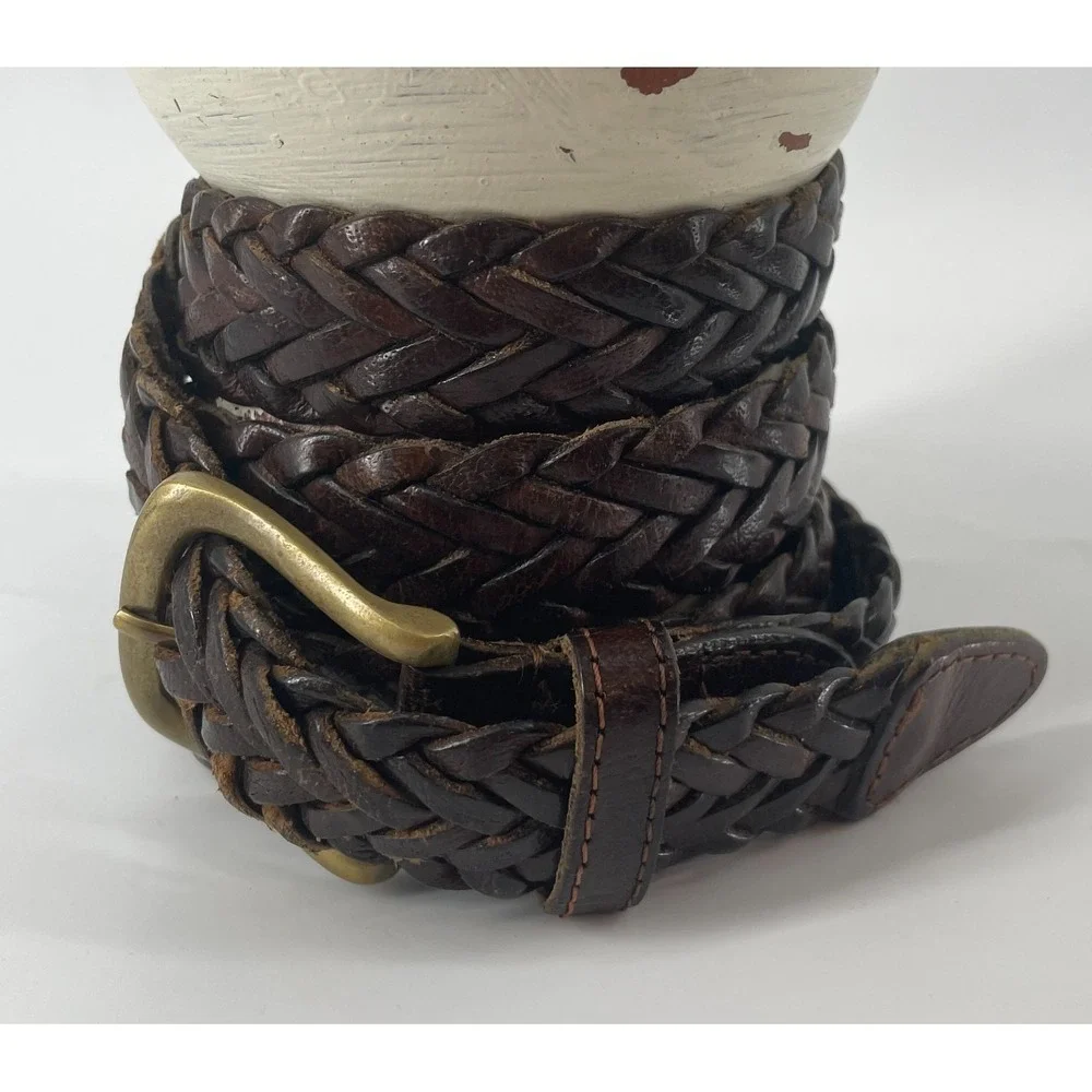 Vtg Braided Genuine Leather Belt XL 42-44 Brown Woven Brass Buckle‎ Boho Skinny